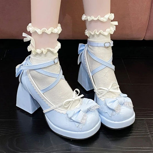Spring/Autumn New Style Round Toe Square Heel Increased Fashion Elegant High Heel Women's Shoes Bow Decorated Mary Jane Shoes