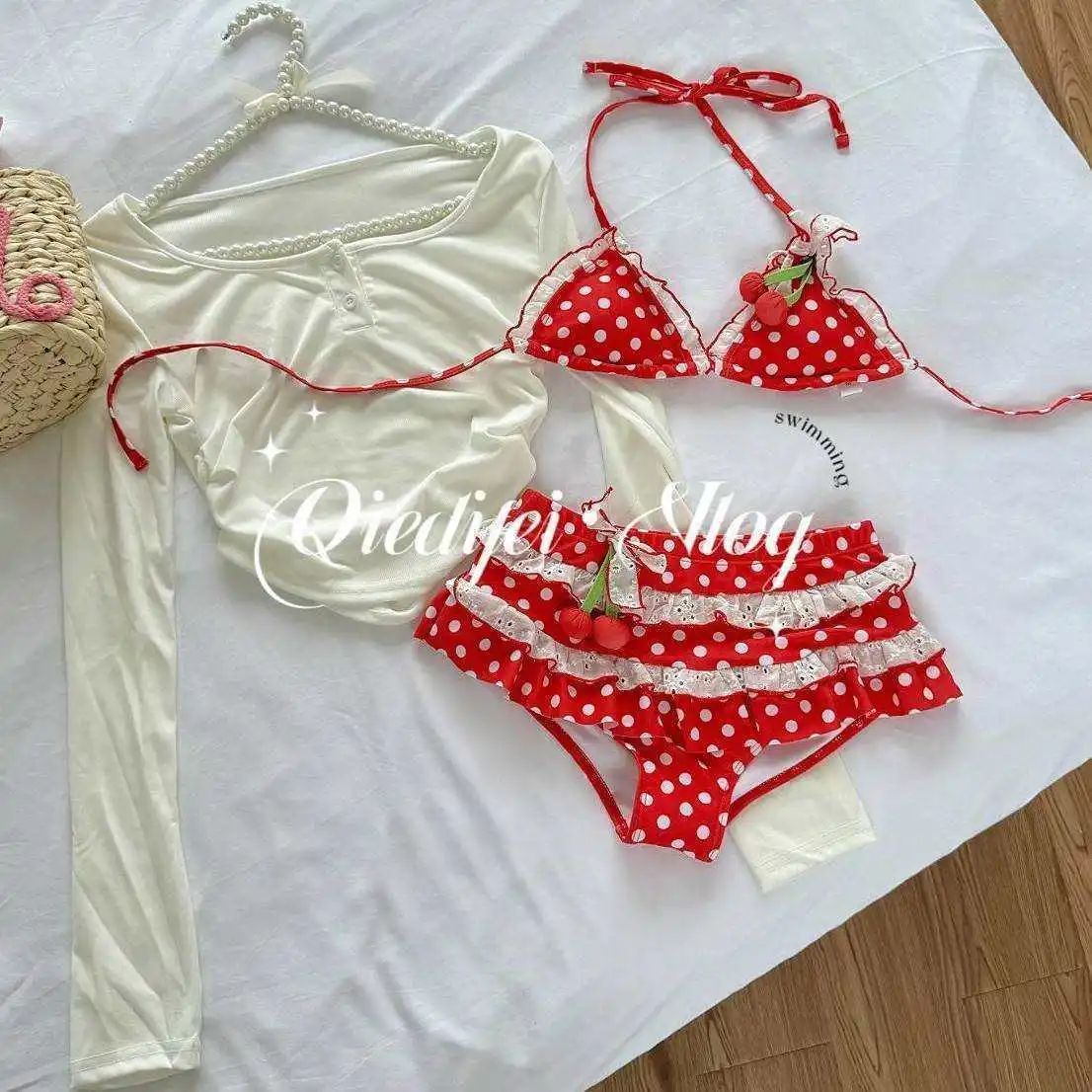 2025 New Bikini Set Cherry Pattern Three Pieces Cute Beach Vacation Swimsuit Ins Style Pure Desire Girl Adorable Split Design