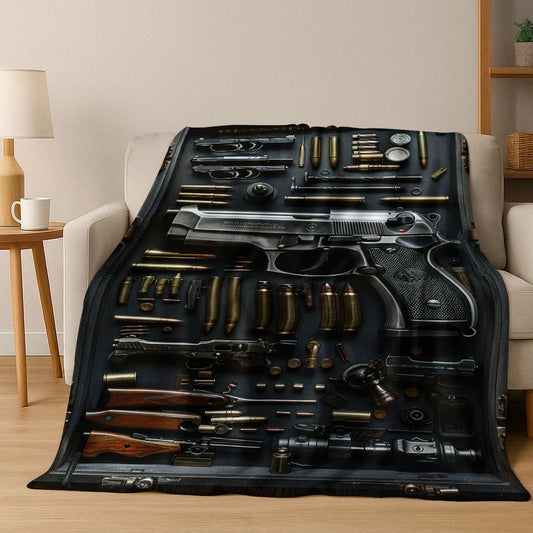 ?Tactical Rifle Print Flannel Blanket - Reversible Military-Inspired Design for Outdoor Enthusiasts Durable Warmth & Bold Style?