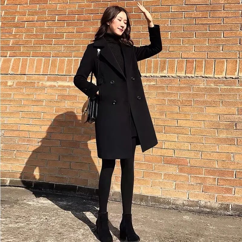 Plus Size Black Woolen Coat 2025 New Style Women's Autumn Winter Professional Mid-Length Trendy Polyester Fiber Suit Collar F...