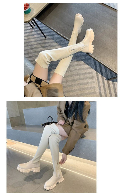 Women's Solid Color Chunky Heel Boots, Stylish Side Zipper Over The Knee Boots, Fashion Platform Long Boots