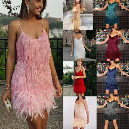 2024 Summer New Fashionable Framed Sequins Feather Patchwork Dress Colorful Amazon Direct Sales Women's Sleeveless Dress