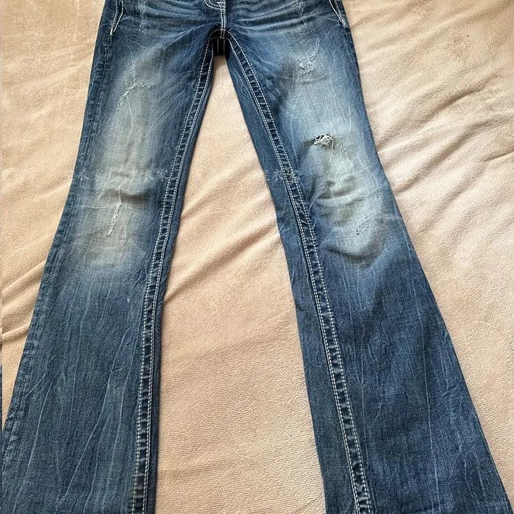 Retro American Washed Low Waist Bell Bottom Jeans Women's Y2K Millennium Sexy Lace Trimmed Floor Length Pants