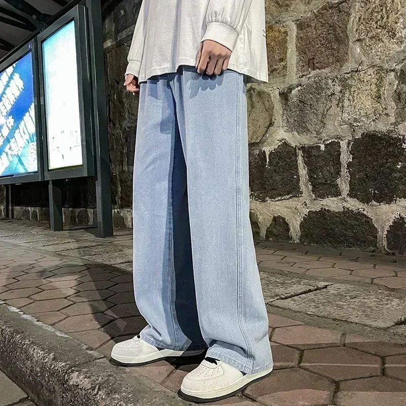 Spring Autumn New Men's Jeans Japanese Vintage Elastic Waist Casual Straight-leg Pants Trendy Wide-leg Trousers Loose Fit