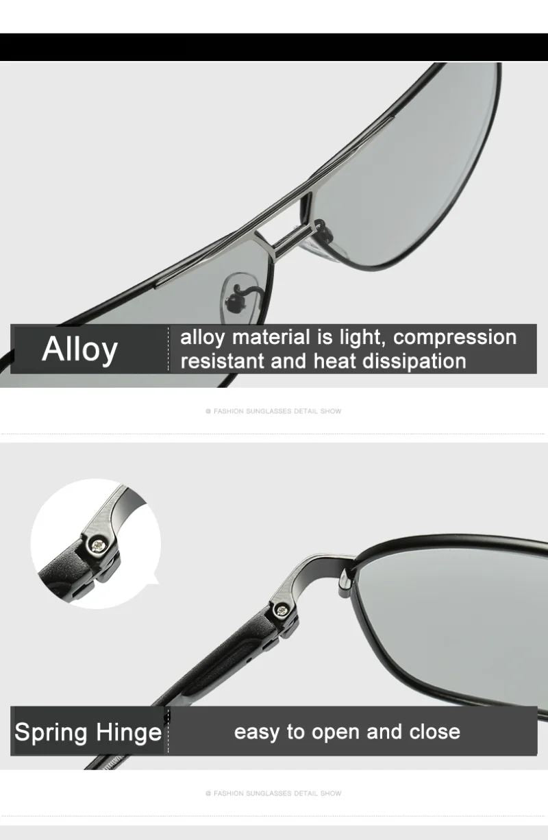 Men Night Vision Polarized Photochromic Sunglasses Aviator Style Yellow Color Change Lenses Driving Sun Glasses