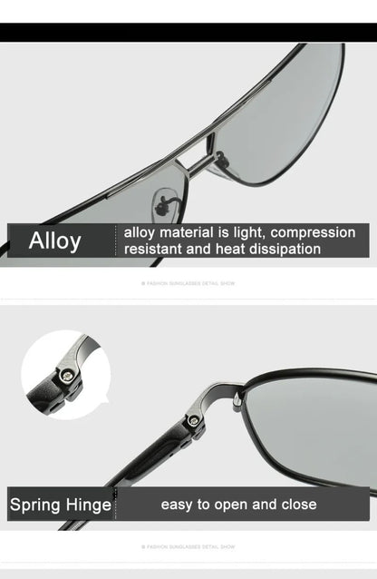 Men Night Vision Polarized Photochromic Sunglasses Aviator Style Yellow Color Change Lenses Driving Sun Glasses