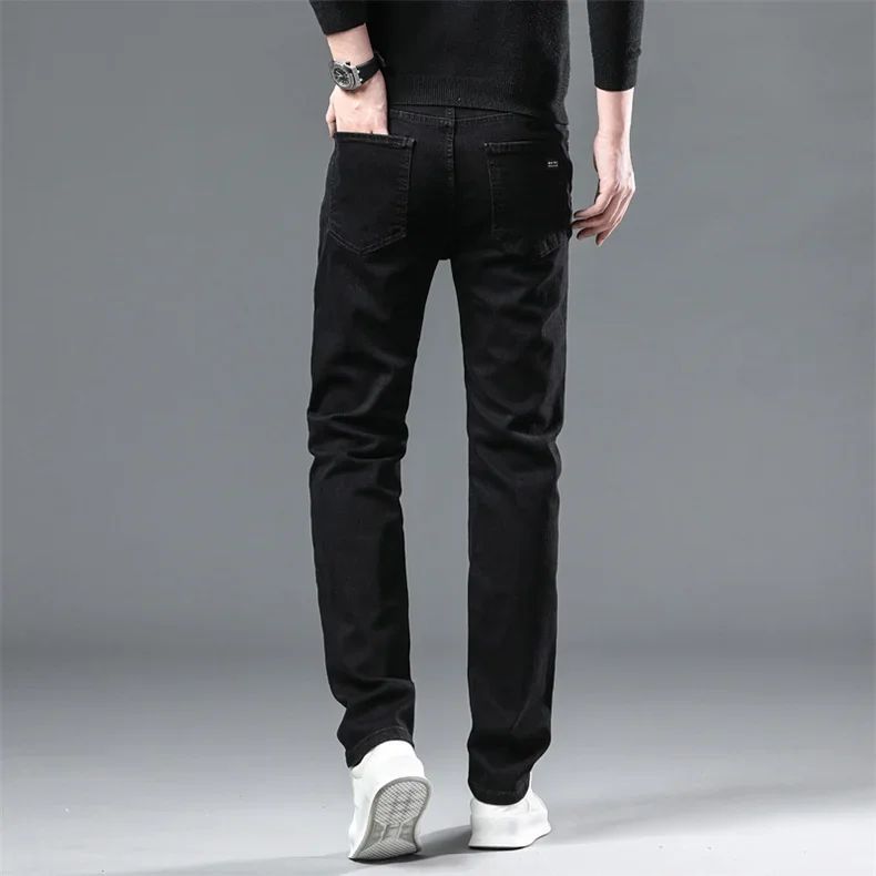 Calça Jeans Masculina Forrada de Lã para Inverno, Reta, Elástica, Preta, de Veludo Grosso, Quente, Casual, Masculina, Tamanhos Grandes