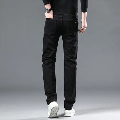 Calça Jeans Masculina Forrada de Lã para Inverno, Reta, Elástica, Preta, de Veludo Grosso, Quente, Casual, Masculina, Tamanhos Grandes
