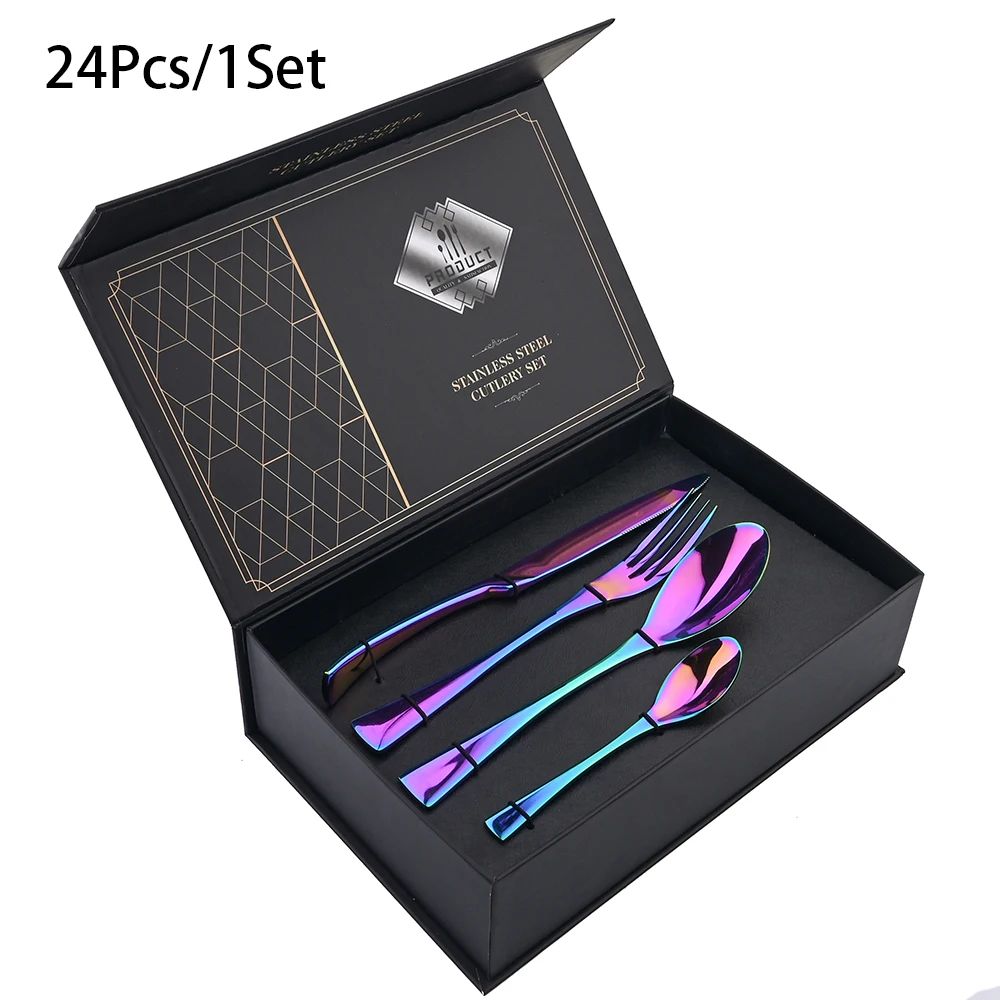 Conjunto de Talheres 24 Peças de Aço Inoxidável 304 Polido Faca Garfo Colher Jogo de Talheres de Cozinha Prata Caixa de Presente