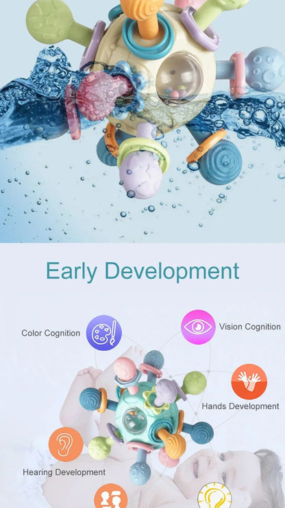Silicone Teether Baby Toys 0 12 Months Rotating Rattle Ball Grasping Activity Baby Development Toy Baby Sensory Toys for Babies