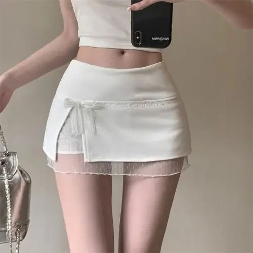 Mini Skirts Women Patchwork Lace Bow Hotsweet Summer A-Line Skirt with Safety Pants Fashion Side Slit Bodycon 2025 Lady Skirts