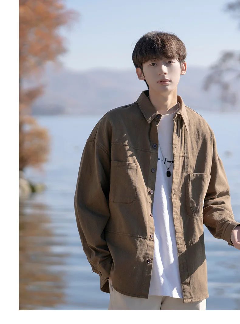 Japanese Series Men's Shirts Casual Vintage Cargo Jacket Top Spring Autumn Solid Blouses Single Breasted Male Clothes Streetwear