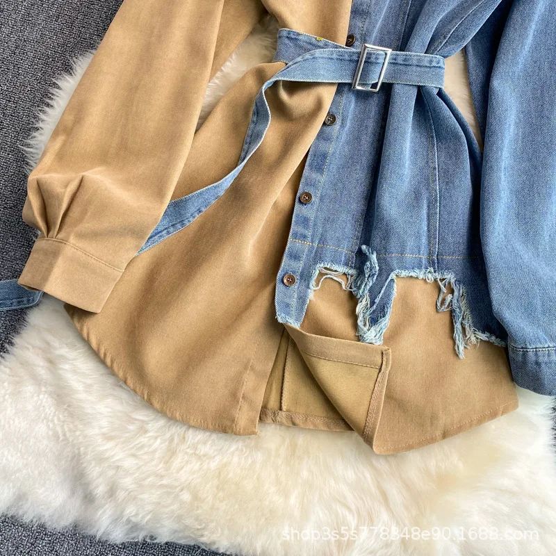 Slimming Denim Patchwork Lapel Dress Autumn Waist-fitted Medium-length Shirt