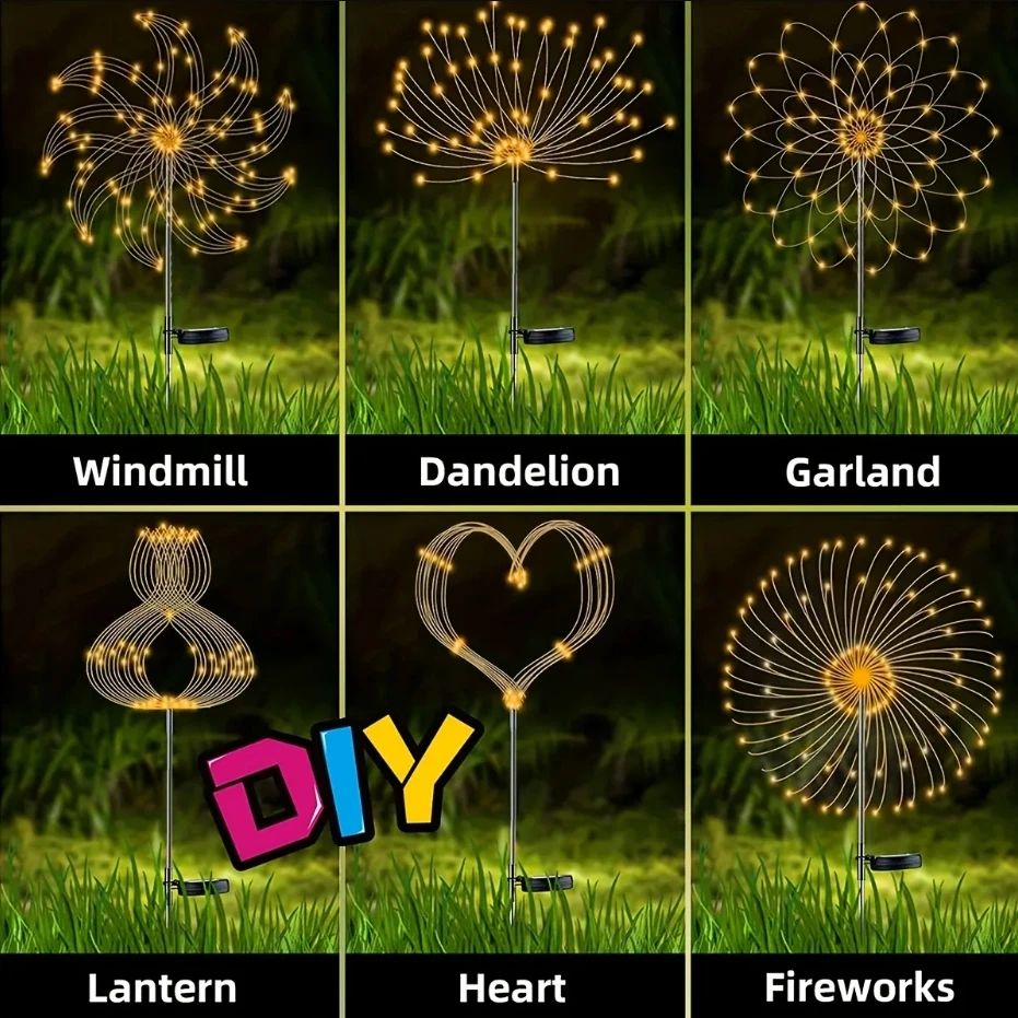 8 Mode Firework Lamp Solar Powered Outdoor Grass Globe Dandelion Fireworks Lamp for Garden Yard Lawn Landscape Holiday Light