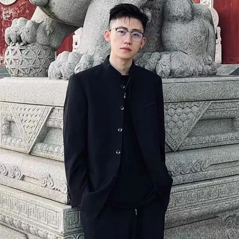 New Black Zhongshan Suit Jacket for Young Men Chinese Style Outerwear Popular Internet Celebrity Zhao Shanghe Topwear