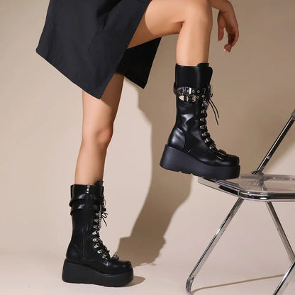Platform Boots Riveted Buckle Wedges High Women's Boots Punk Spice Chic Biker Rider Boots