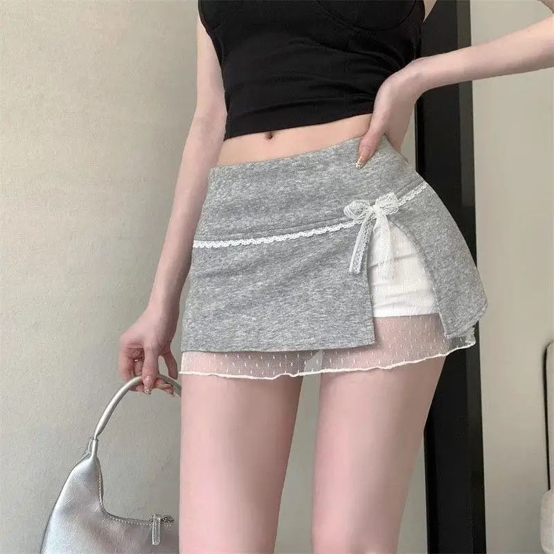 Mini Skirts Women Patchwork Lace Bow Hotsweet Summer A-Line Skirt with Safety Pants Fashion Side Slit Bodycon 2025 Lady Skirts