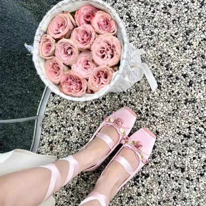 Women Flats Bow Marie Janes Shoes  New Lolita Dress Square Toe Shoes Designer Walking Sandals Female Elegant Zapatos