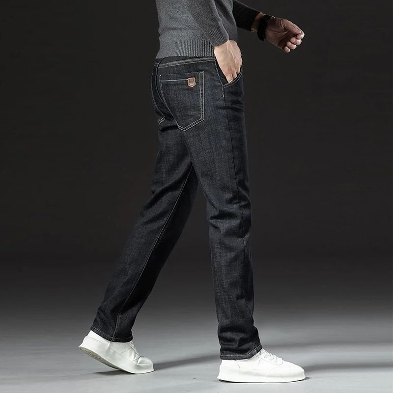 Calça Jeans Masculina de Inverno Forrada com Lã Grossa Calça Jeans Masculina de Cintura Solta Reta Slim Fit Calça Social Casual Confortável