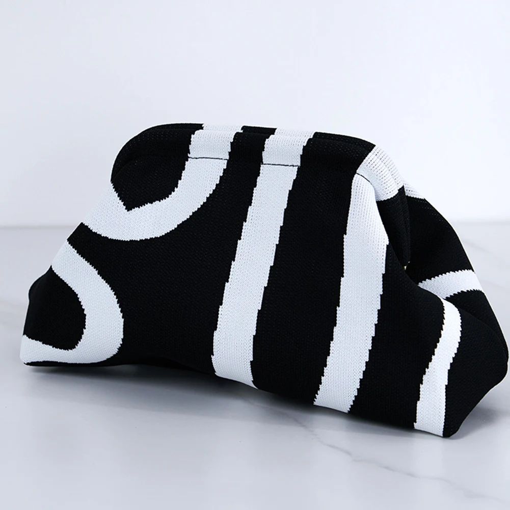 Women Knit Stripe Purse Contrast Color Small Crochet Handbag Knitting Dumpling Clutch Woven Bag for Female