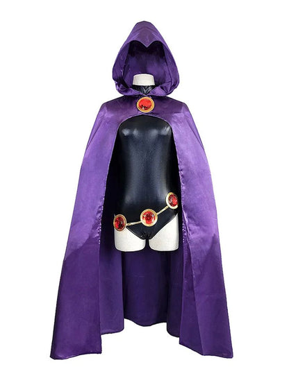 Teen  Raven Cosplay Costume Superhero Cloak Jumpsuits  Halloween Tight clothes + Cape + waist jewelry chain
