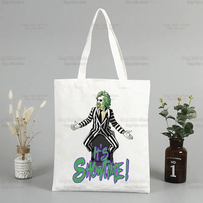Beetlejuice Horror Gift Shopping Bag Print Original Design White Unisex Fashion Travel Canvas Bags