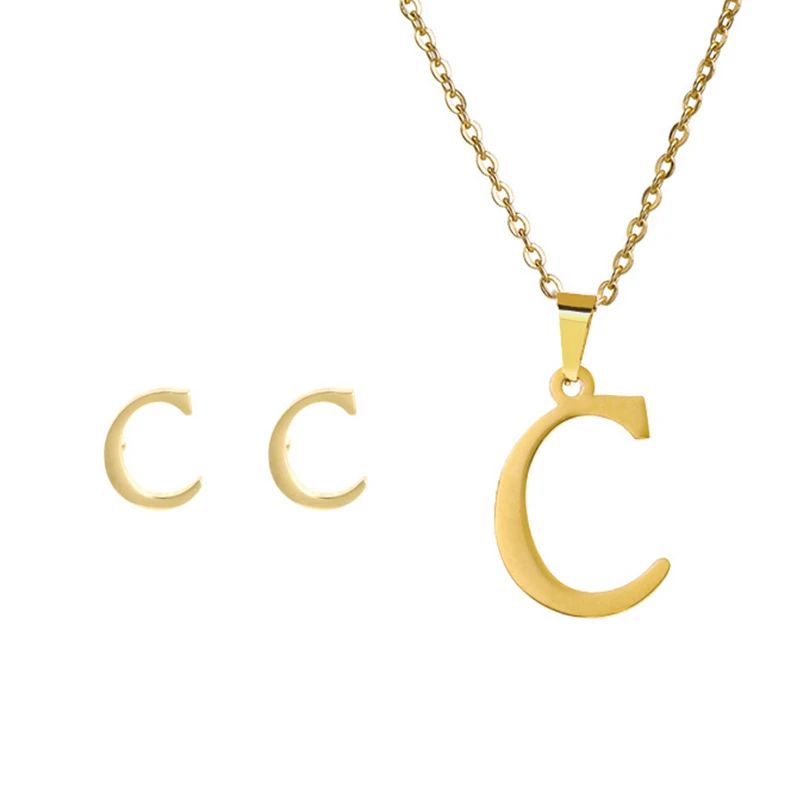 Conjunto Feminino de Colar e Brincos de Aço Inoxidável com Letra Inicial do Alfabeto A-Z - Joias Personalizadas de 26 Letras Inglesas - Presente