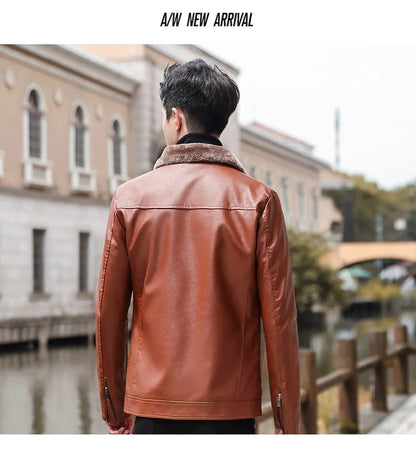 Trend Korean Slim Fit Casual Men's Leather Jacket Leather Jacket Busines Men's Fur Collar High Quality Fashion Motorcycle Jacket