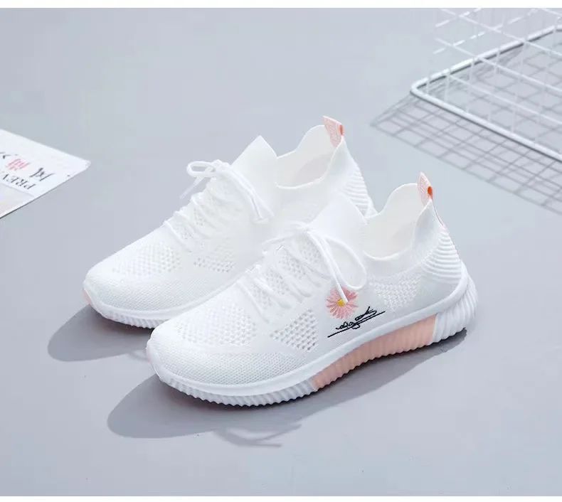 Spring and autumn seasonsLadies Knitted Sneakers Fashion Simple Lace-up Running Shoes Mesh Breathable Casual Female Students
