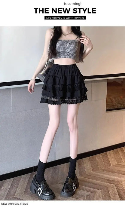 JOEVILU White Tutu Skirt A-line Elastic High Waist Mini Skirts Short Lace Cake Skirt Thin Summer Korean Fashion Goth Y2k Clothes