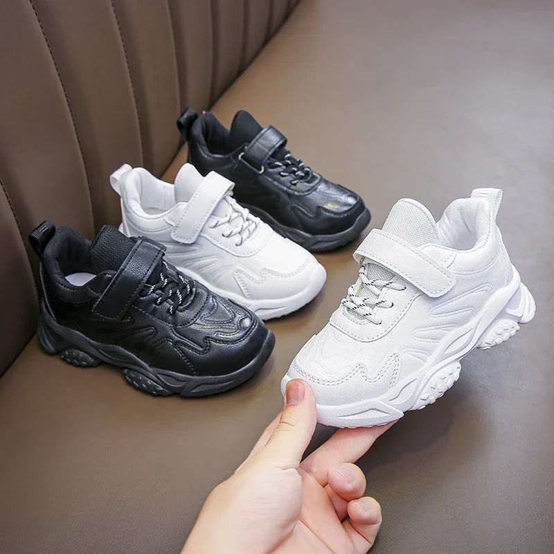 Children White Running Shoes Kids Fashion Sneakers PU Soft Breatheable Comfortable Boys Girls School Sports Shoes Size 26-37