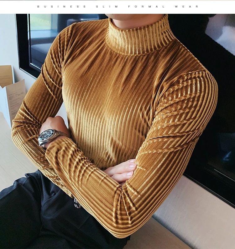 New Gold Velvet T Shirt Men Clothing Fashion Trend Male Luxury Prom Party Long-sleeved Striped Pullover Tops Homme