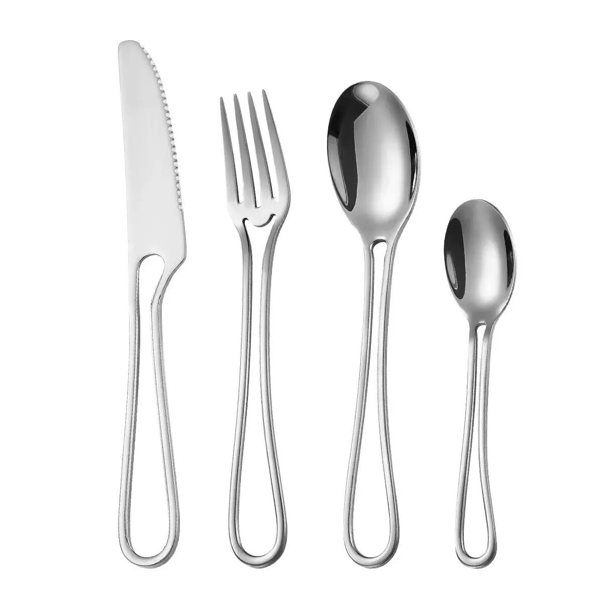 Conjunto de Talheres 4 Peças Aço Inoxidável Louça Cabo Vazado Faca Garfo Colher Jogo de Talheres Ocidentais Prata