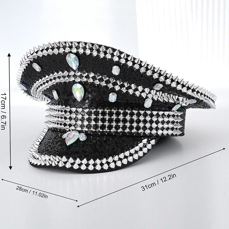 Chapéu de Capitão Chapéu Punk de Lantejoulas Coloridas com Strass para Festa Festival Aniversário Casamento Chapéu de Noiva Chapéu de Palco para Mulheres e Homens