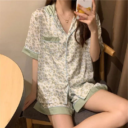 Pyjama Summer New Ladies Sweet Satin Silk Floral Printed Pajamas Set Short Sleeve+Pants Women Ice Silk Cute Homewear Casual Wear