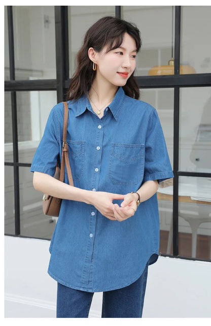 Vintageblueshort Sleeves Thin Denim Shirt 2024 Summer New Casual Loose-Fit Hong Kong Style Petite Top For Women