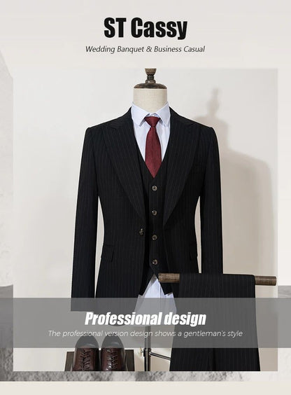 ST Cassy high-quality blue striped suits for men slim fit luxurious and elegant men's business suit 3-piece set full men's suit