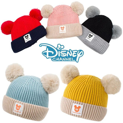 Touca de Crochê Infantil Disney Mickey Mouse Desenho Animado Anime Touca de Inverno Macia Quente para Bebê Menina Menino Dupla Camada