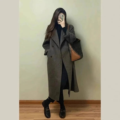 Thickened Over-Knee Mid-Length Woolen Coat Women's Autumn Winter Fashion Korean Style Women's Outerwear Polyester Fiber