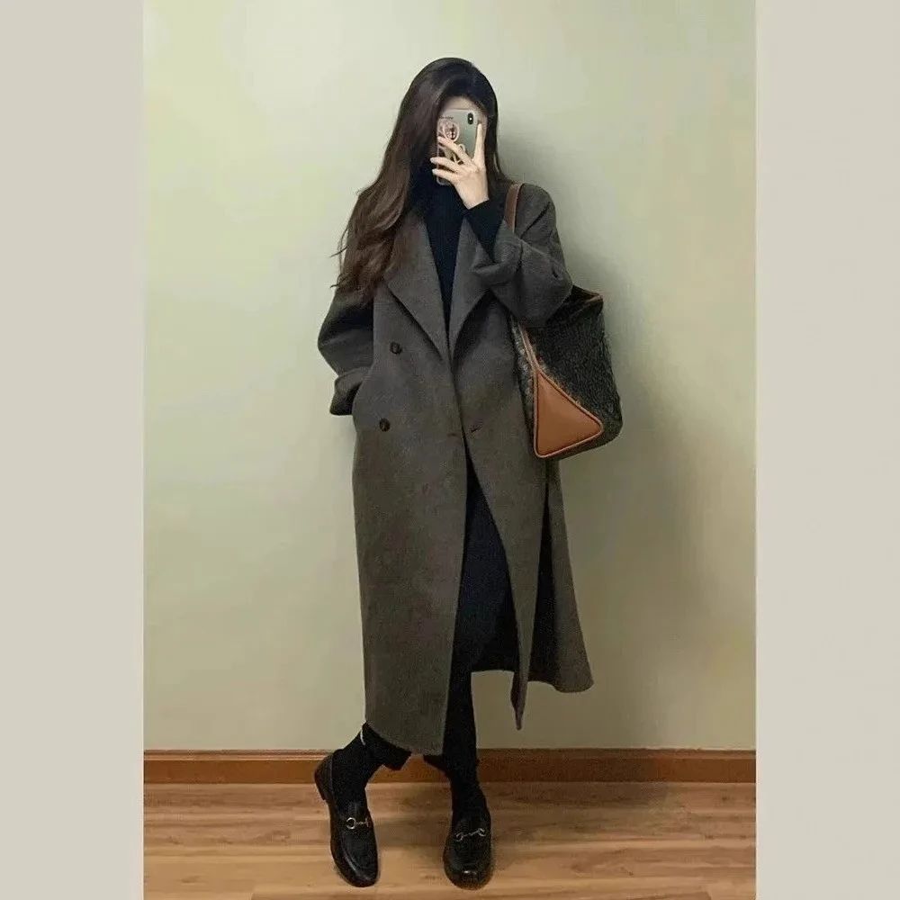 Thickened Over-Knee Mid-Length Woolen Coat Women's Autumn Winter Fashion Korean Style Women's Outerwear Polyester Fiber