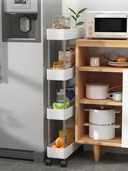 Rack de armazenamento móvel com 3/4 níveis para espaços estreitos, carrinho utilitário com rodinhas, prateleira organizadora fina para cozinha, banheiro e sala de estar