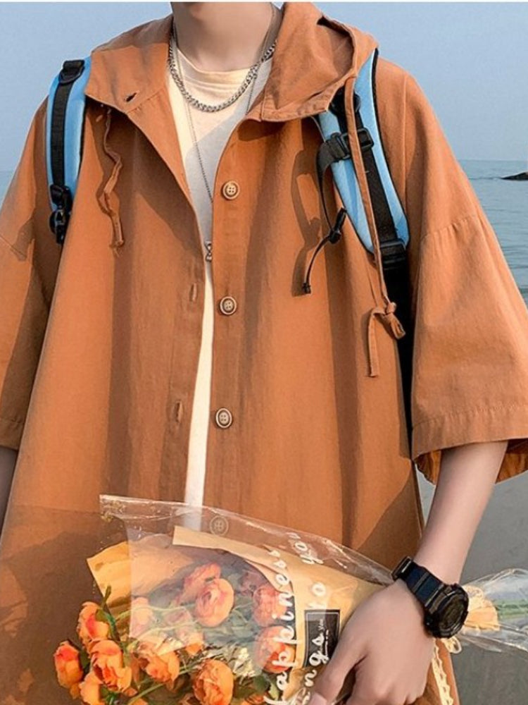 Gmiixder Hooded Short-sleeved Shirts for Men Women Japan Summer Trend Cityboy Solid Blouse Unisex Cargo Button Up Shirt Jacket