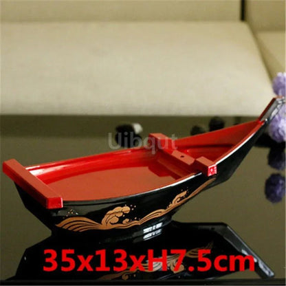 Black red sushi sashimi boat ice food seafood plate salmon sashimi tray Creative Japanese food container sushi barrel decor boat