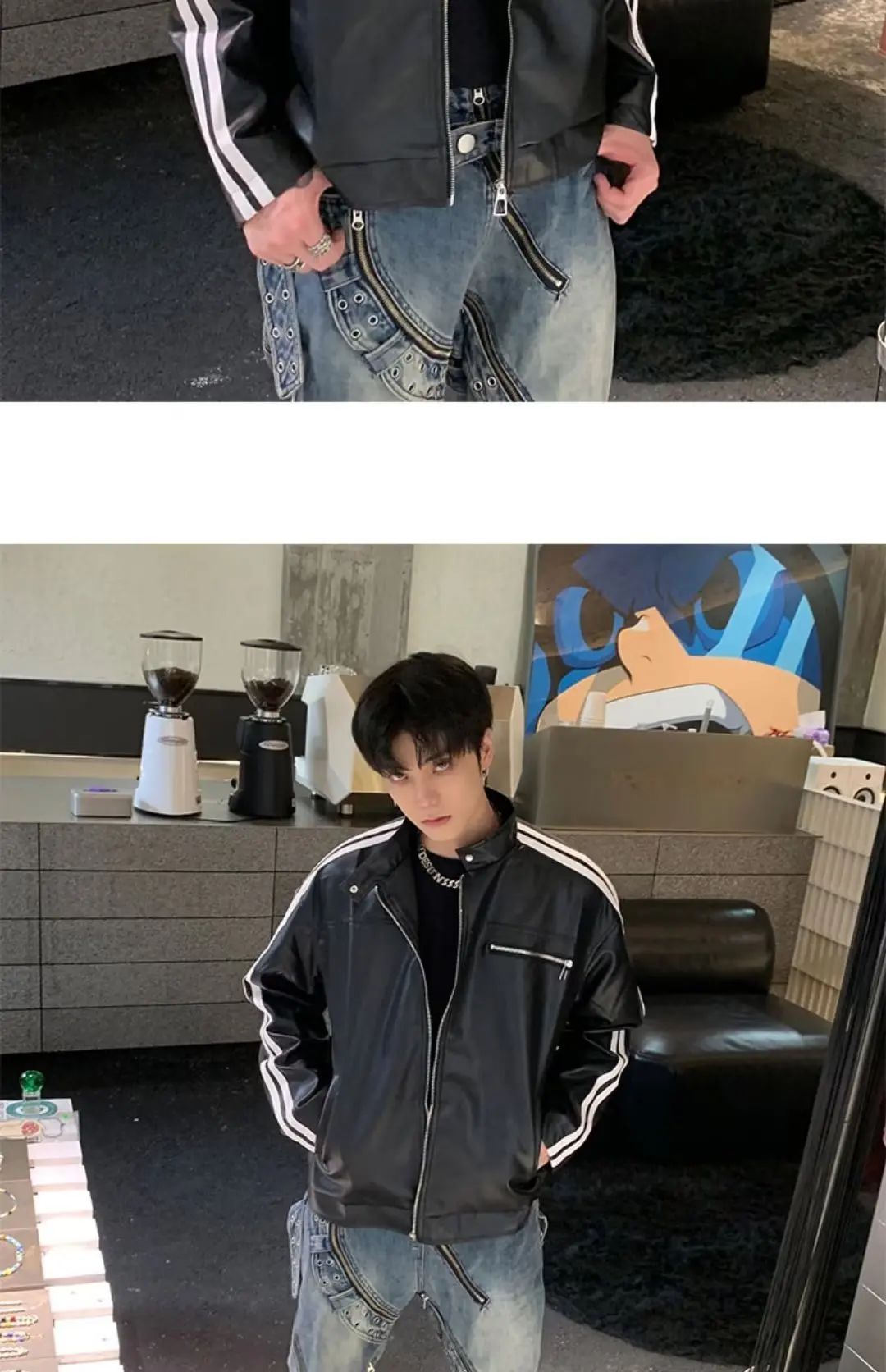 Retro Leather Jacket Men Women  American Patchwork Strip Racing Outerwear Loose Hip Hop Zippers Brown PU Coat Streetwear Spring