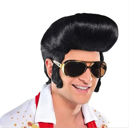Elvis Presley Wig Glasses Mens Rock Singers Aron Presley Cosplay Wig Party Presley Black Synthetic Hair Wigs