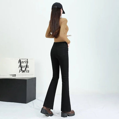 Winter Female Thin Snow Warm Plush Jeans Lady Chic Fleece Flared Pants Girls Korean High Waist Straight Leg Denim Trousers