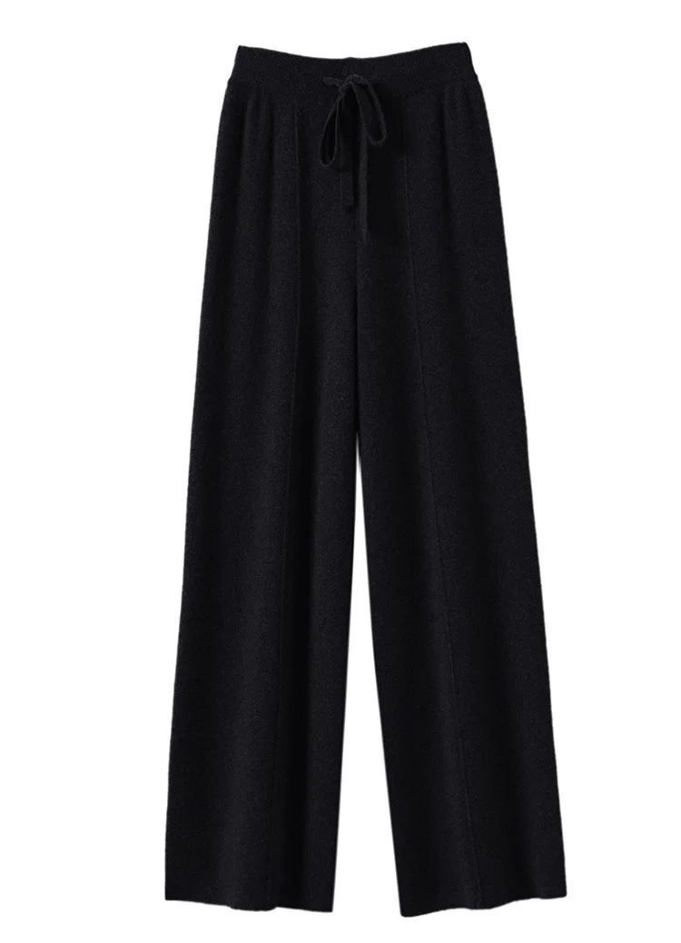 High Waist Wide Leg Pants Mid-Seam Knitted Trousers Drawstring Waist Belted Floor-Length Pure Color Versatile Autumn Winter Casu