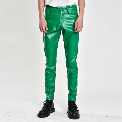 New Men Solid Color Slim Fit Faux Leather Pants Green / White / Black Homme Bar KTV High Street Biker Trousers