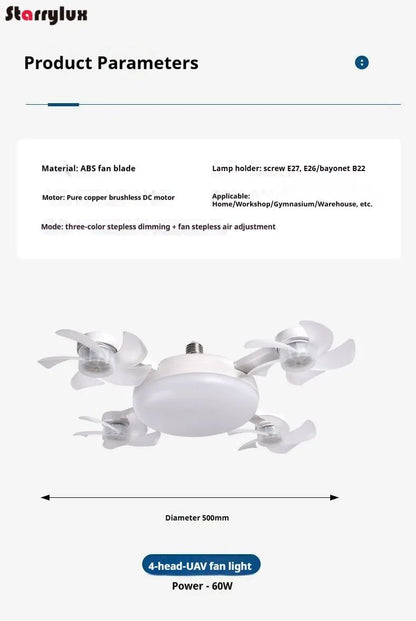 LED Smart Silent Fan Light with E27 Screw Creative 3/4/5 Head Remote-Controlled 3-Speed Adjustable for Home Living Room Bedroom