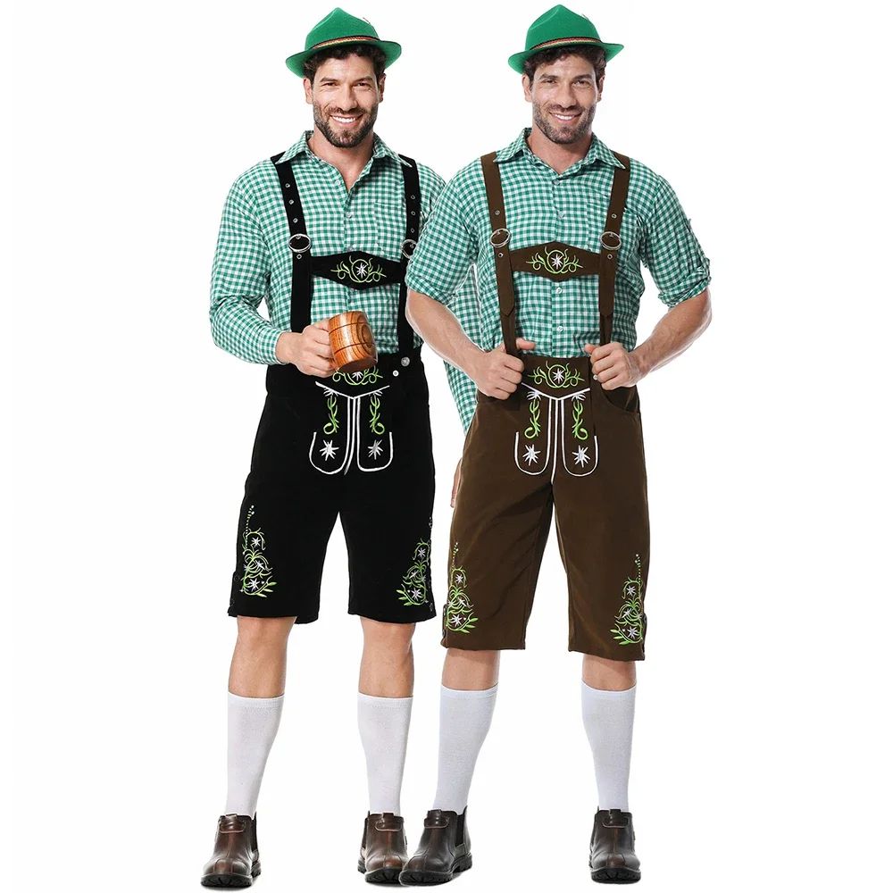 Men Traditional Bavarian Beer Shorts Outfit Overalls Shirt Hat Suspenders Set Germany Oktoberfest Costumes Halloween Costume
